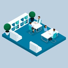 Set Trendy isometric people. Medical staff, hospital, doctor, therapist at the reception, room, study, patients at the reception isolated on a light background. Vector illustration