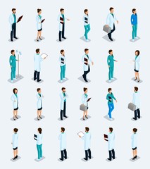 Fototapeta na wymiar Set Trendy isometric people. Medical staff, hospital, doctor, nurse, surgeon. Physicians front view rear view, standing position isolated on a light background