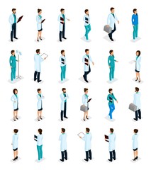 Fototapeta na wymiar Set Trendy isometric people. Medical staff, hospital, doctor, nurse, surgeon. Physicians front view rear view, standing position isolated on white background
