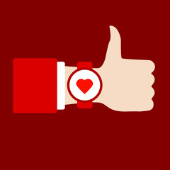 Time to love sing. Thumb Up. Hand with clock. Flat vector icon.