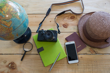 Overhead view of Traveler's accessories, Essential vacation items, Travel concept background