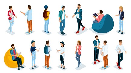 Trendy Isometric young people, teenagers and students. Creative people in the modern hipster clothing, shoes, jeans, hats, with modern gadgets, Freelancers on white background isolated.