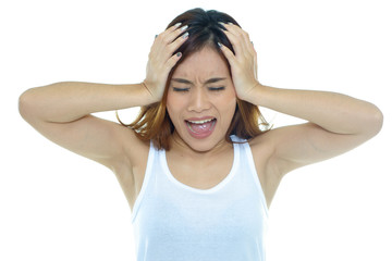 woman screaming, crying, shouting on white isolated background