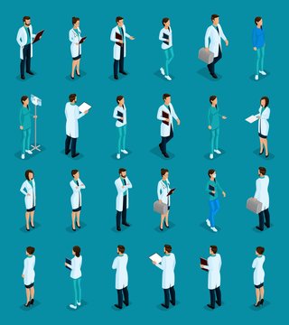 Set Trendy isometric people. Medical staff, hospital, doctor, nurse, surgeon. Physicians front view rear view, standing position isolated on bright background
