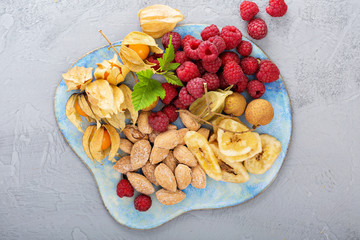 Tropical fruit plate with mango and peaches
