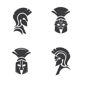 Warrior icon in spartan style. Stylized helmet and soldier silhouette with sample typography. Symbol of strength. Collection of Spartan soldier symbols. EPS 10 vector.