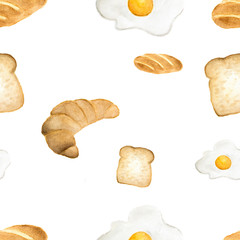 Watercolor seamless pattern bread and fried egg - breakfast. 