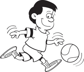 Black and white illustration of a boy playing basketball.