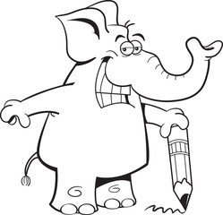 Black and white illustration of an elephant holding a pencil.