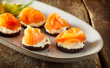 Tasty seafood canapes with smoked salmon