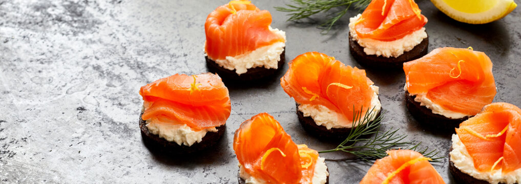 Panorama Banner Of Fresh Smoked Salmon Canapes