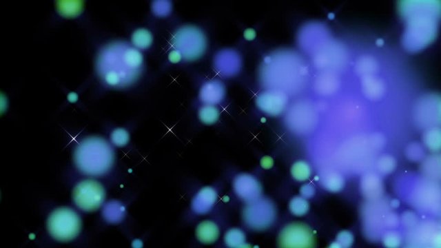 Perfectly seamless (no fade) video loop features colorful particles in vibrant, cool tones of violet and teal streaming across with falling bright-sparkling particles.