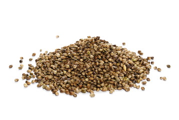pile hemp seeds isolated on white background