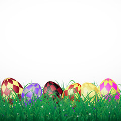 Easter eggs with squares in grass on a white shining background with flowers