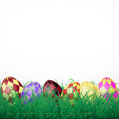 Easter eggs with squares in grass on a white shining background