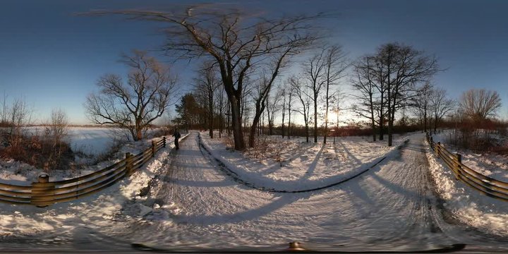 360Vr Video Backpacker Walks Away by Snowy Road Edge of City or Village Rural Winter Landscape Cold Sunny Day Blue Hour Shooting Vacations Holiday