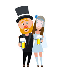 The bride and groom in an embrace. Happy romantic couple having a beer. The girl in a wedding dress and a man in a hat and suit. Happy bearded man with a dark haired girl.