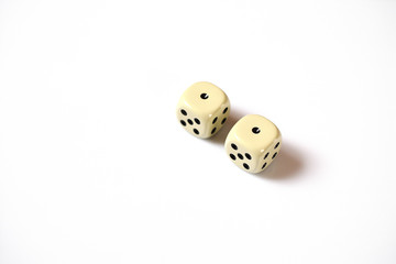 two dice double number one on a white background. gambling abstraction, copyspace