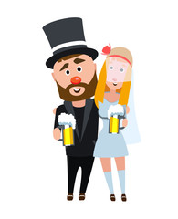 The bride and groom in an embrace. Happy romantic couple having a beer. Young people on a white background. The girl in a wedding dress and a man in a suit. Happy bearded man with a blonde girl.