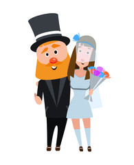 Newlyweds in an embrace. Happy romantic couple. Young people on a white background. The girl in a wedding dress and a man in a suit. A bearded man with the dark haired girl.