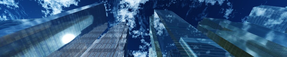 Panorama of beautiful skyscrapers against the sky with clouds. 3d rendering.
