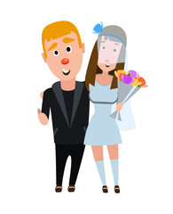 Newlyweds in an embrace. Happy romantic couple. Young people on a white background. The girl in a wedding dress and a man in a suit. The blond guy with the dark haired girl.