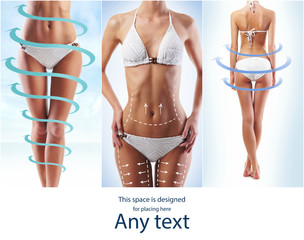 Women slim body in swimwear having arrows along her stomach and legs. Fat lose, liposuction and...