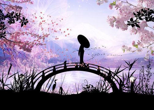 Girl standing on the bridge cartoon character in the real world silhouette art photo manipulation