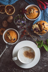 spring breakfast with muffins in rustic style