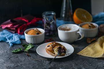 spring breakfast with muffins in rustic style