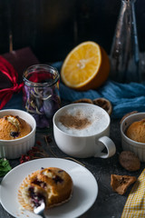 spring breakfast with muffins in rustic style
