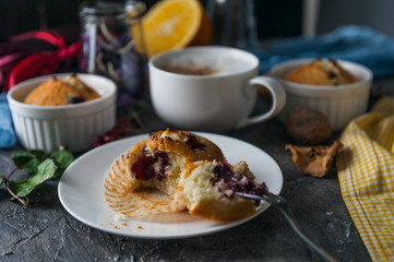 spring breakfast with muffins in rustic style
