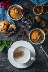 spring breakfast with muffins in rustic style