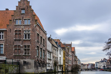 Fototapeta na wymiar Colorful houses on the riverside in Ghent, Belgium