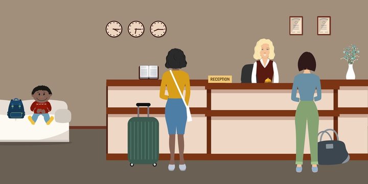 Hotel reception. Young woman receptionist stands at reception desk, in the lobby are also visitors. Travel, hospitality, hotel booking concept. Vector illustration