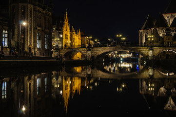 Reflection at night in Ghent, Belgium