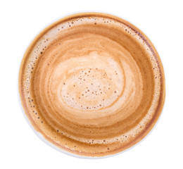 Top view of hot coffee cappuccino spiral foam isolated on white background, clipping path included
