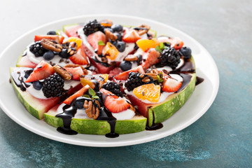 Watelmelon pizza with yogurt and fruits