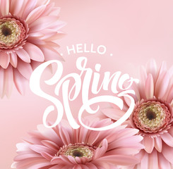 Gerbera Flower Background and Spring Lettering. Vector Illustration - obrazy, fototapety, plakaty