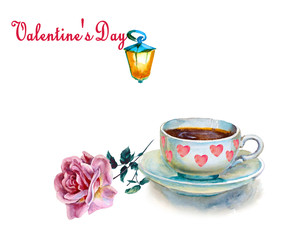 vParty colorful tea cups and saucers with flower closeup. Sketch handmade. Postcard for Valentine's Day. Watercolor illustration.