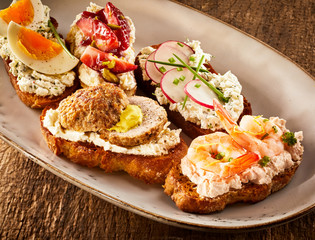 Colorful selection of tasty bruschetta