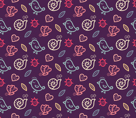 Summer vector seamless pattern with bird, ladybug, butterfly, snail, heart and leaf.