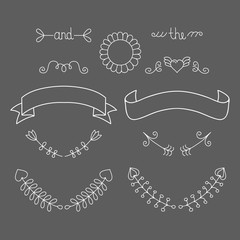 Wedding graphic set with arrow, heart, laurel, wreath etc. Vector calligraphic design elements and page decoration.