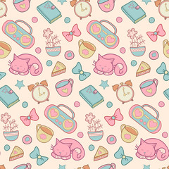 Cute childish vector seamless pattern with alarm clock, heart, star, cat, cup etc. Vintage set of sweet home elements.