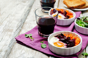 Beet Sweet potato baked eggs