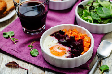 Beet Sweet potato baked eggs