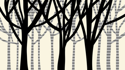 abstract nature design of trees in a forest with black silhouette of trunk and branches in foreground and gray striped birch or spotted tree bark concept in background