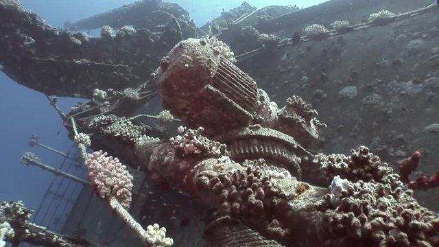Salem Express shipwrecks underwater in the Red Sea in Egypt. Extreme tourism on ocean floor in world of coral reefs, fish, sharks. Researchers of wildlife blue abyss. Deep diving.