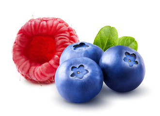 Raspberry with blueberry. Wild berries isolated with leaves on white background. Clipping path. Close up. Macro.
