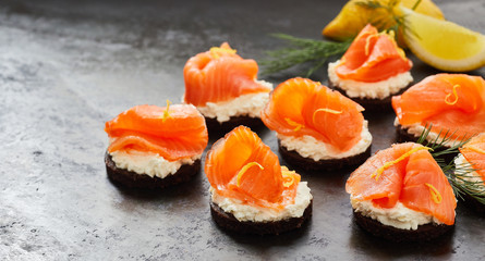 Smoked salmon or lox canapes panorama